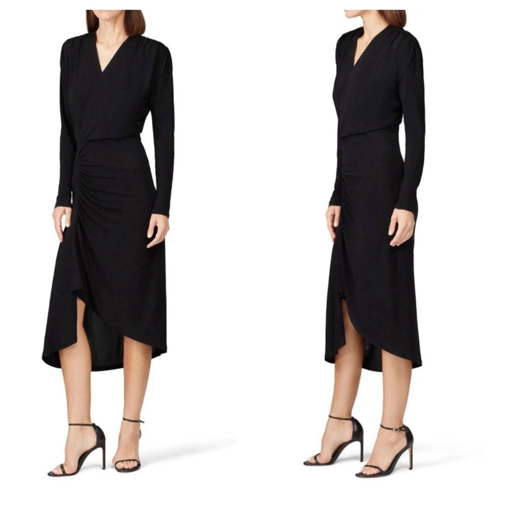 ATLEIN Black Long Sleeve Ruched Asymmetric V Neck Midi Dress Size 6 Formal